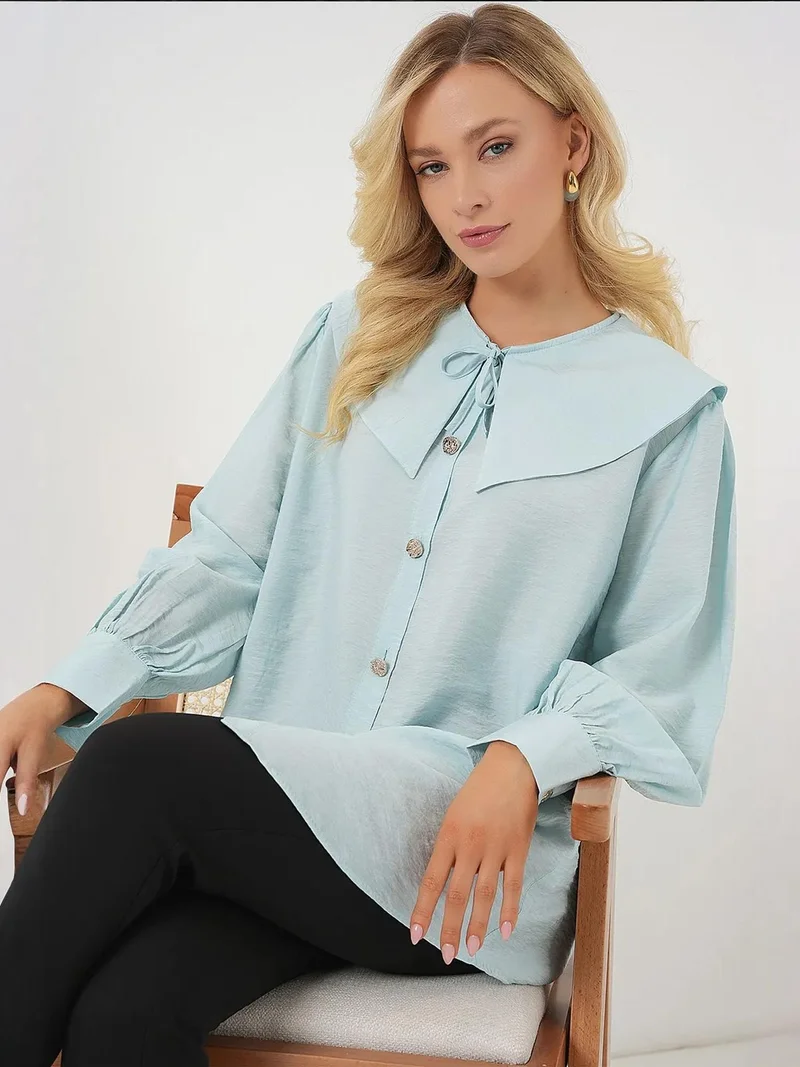 BIG DART BDART Long Loose Fit Blouse with Baby Collar and Bow Detail