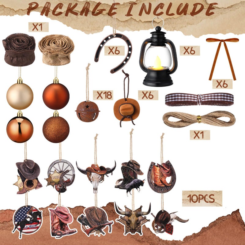 Memorywuu 64 Pcs Western Tree Ornaments Set Cowboy Hanging Decoration West Theme Mini Cowboy Hats Lantern Rodeo Velvet Bows Rustic Stars for Holiday Country Party Favors Supplies - Image 2
