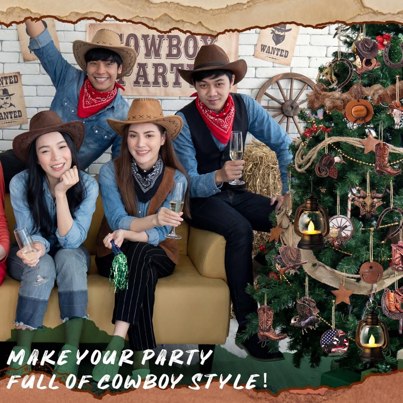 Memorywuu 64 Pcs Western Tree Ornaments Set Cowboy Hanging Decoration West Theme Mini Cowboy Hats Lantern Rodeo Velvet Bows Rustic Stars for Holiday Country Party Favors Supplies - Image 3