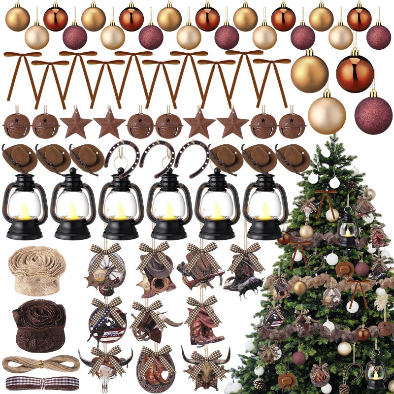Memorywuu 64 Pcs Western Tree Ornaments Set Cowboy Hanging Decoration West Theme Mini Cowboy Hats Lantern Rodeo Velvet Bows Rustic Stars for Holiday Country Party Favors Supplies - Image 1