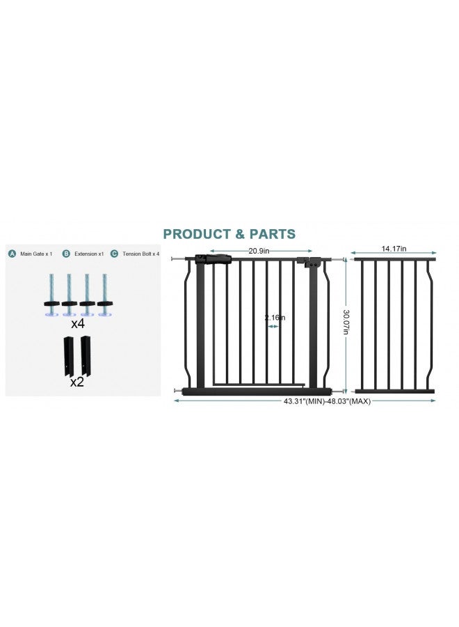 COSEND Extra Wide Pressure Mount Baby Gate Walk Through Auto Close White Metal Child Dog Pet Indoor Safety Gates for Stairs,Doorways,Kitchen and Living Room (43.31"-48.03"/110-122CM, Black) - Image 1