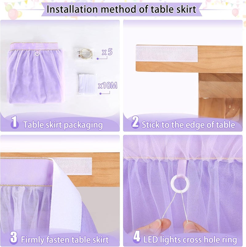 QueenDream Purple Table Skirt for Baby Shower 6ft Tutu Tablecloths with LED for Mermaid Butterfly Birthday Wedding Decorations 2 Layer Tulle - Image 3