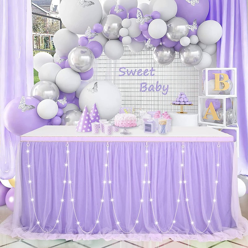 QueenDream Purple Table Skirt for Baby Shower 6ft Tutu Tablecloths with LED for Mermaid Butterfly Birthday Wedding Decorations 2 Layer Tulle - Image 2