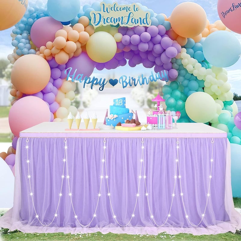 QueenDream Purple Table Skirt for Baby Shower 6ft Tutu Tablecloths with LED for Mermaid Butterfly Birthday Wedding Decorations 2 Layer Tulle - Image 1
