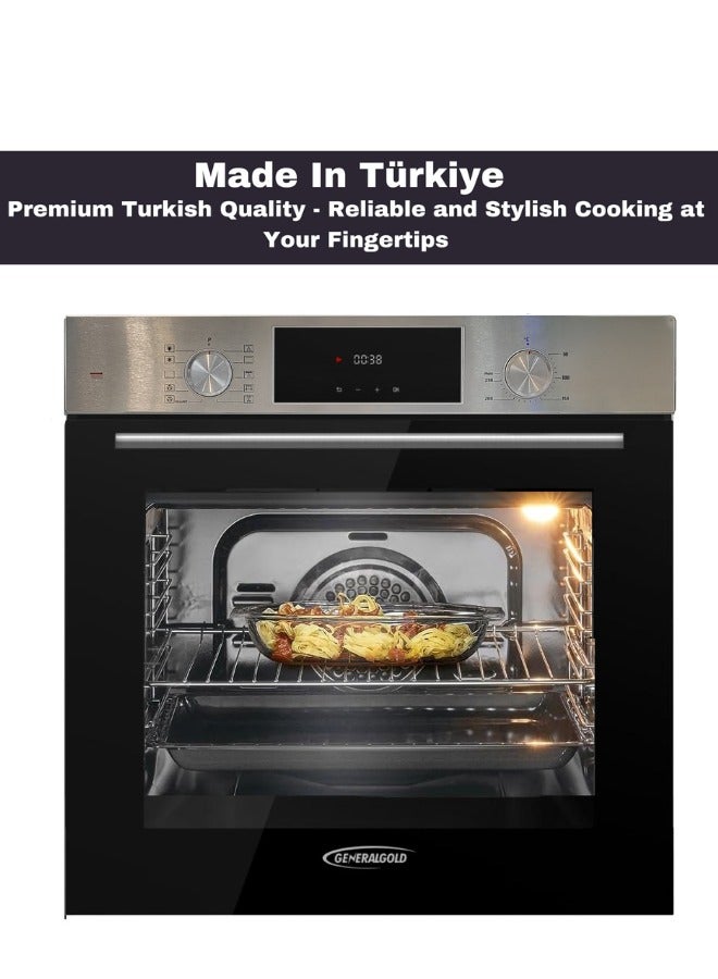 جينيرال جولد فرن كهربائي مدمج من General Gold بعرض 60 سم مع مروحة وشواية، واجهة من الستانلس ستيل وباب زجاجي مزدوج، 10 وظائف طهي، شاشة LED، فرن جداري بيلت ان مثالي للخبز والحلويات - Image 4