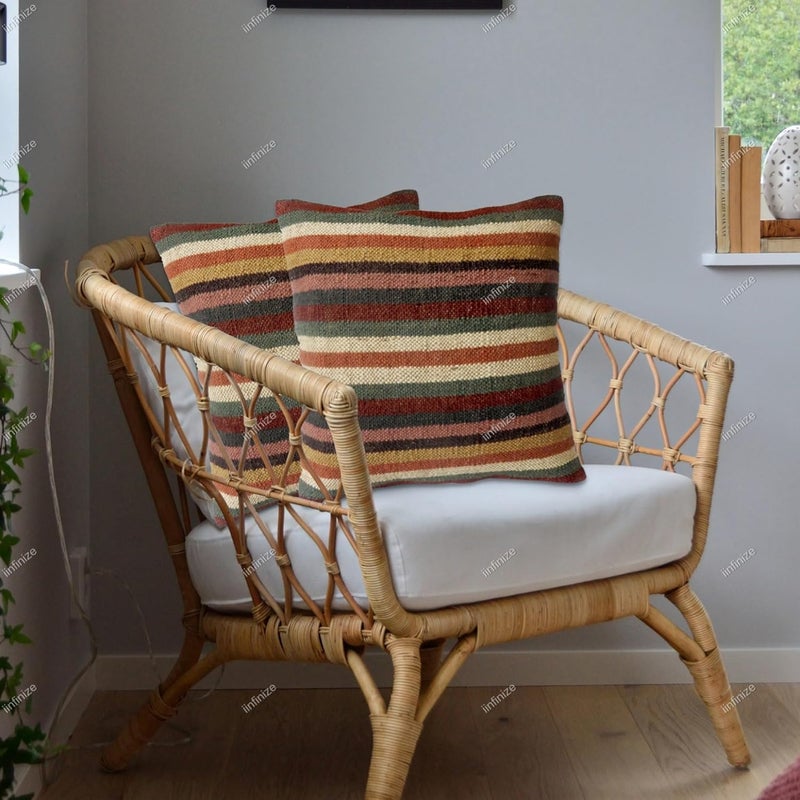 iinfinize 2 Pcs Handcrafted Indian Kilim Cushion Covers for Boho Chic Interiors Wool Jute Pillows 18x18 inch - Image 1