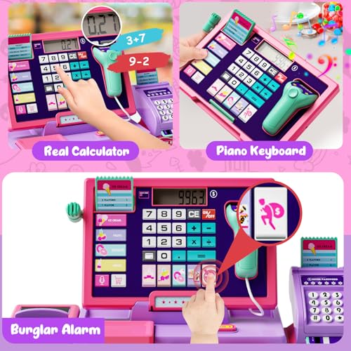 maysida Upgraded Kids Cash Register Toy for Boys Girls Toddler Pretend Play Cashier Register with Shop Accessories Calculator Cash Register with ScannerCredit Card Pink - Image 5