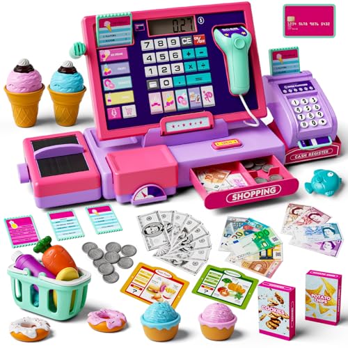 maysida Upgraded Kids Cash Register Toy for Boys Girls Toddler Pretend Play Cashier Register with Shop Accessories Calculator Cash Register with ScannerCredit Card Pink - Image 1