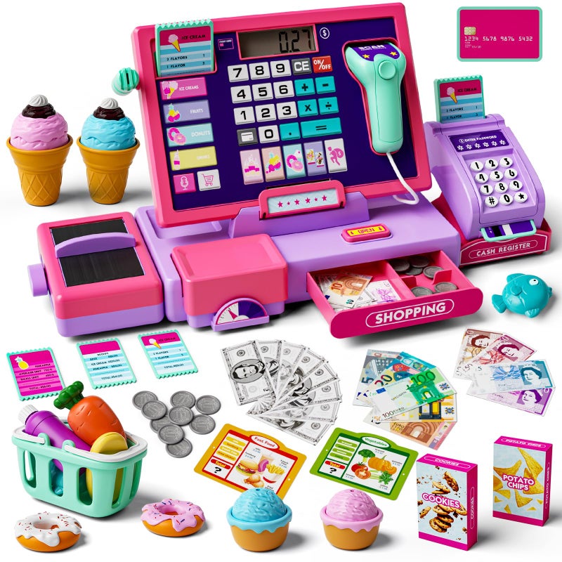 maysida Upgraded Kids Cash Register Toy for Boys Girls Toddler Pretend Play Cashier Register with Shop Accessories Calculator Cash Register with ScannerCredit Card Pink - Image 3