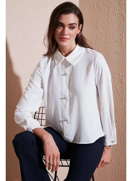 ليلا Stone Regular Fit Shirt Collar Zippered Blouse Women's Blouse 611BZ0493