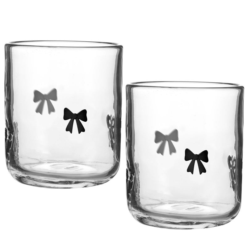 Skylety 2 Pack Bow Icon Juice Glasses, 14 oz Stemless Glass Cups, Coquette Black Bow Juice Cocktail Wine Coffee Drinking Cups for Gift Engagement Wedding Anniversary Valentines Present Party Supplies - Image 1