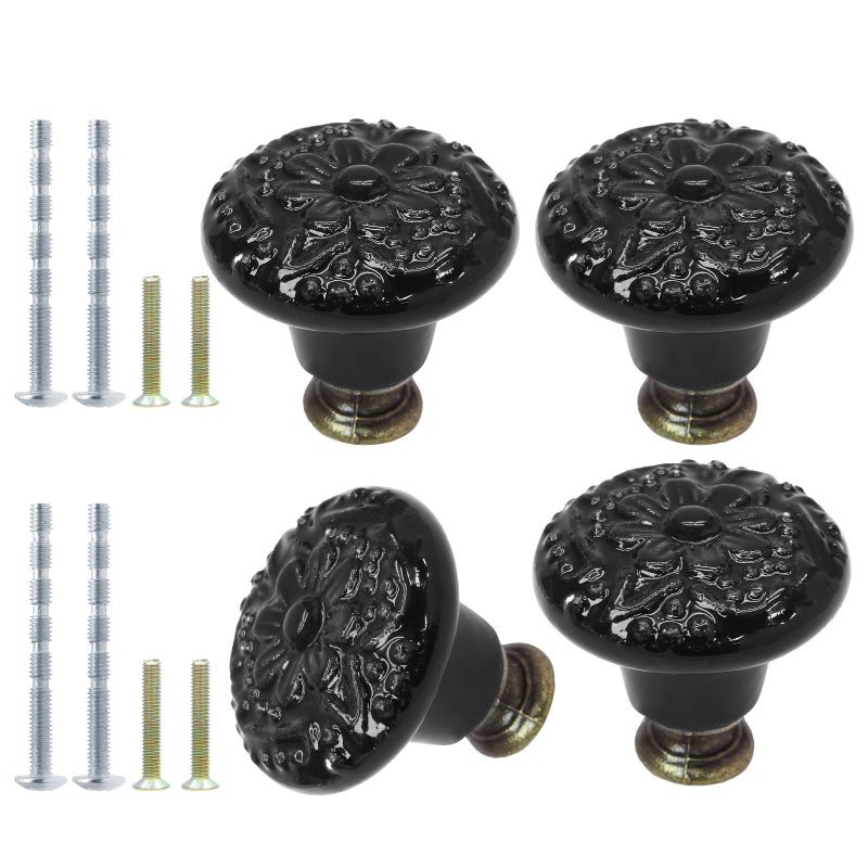 Suiwotin 4pcs Black Ceramic Knobs, Vintage & Retro Dresser & Cabinet Knobs, Decorative Drawer Pulls for Closet & Cupboard - Image 5