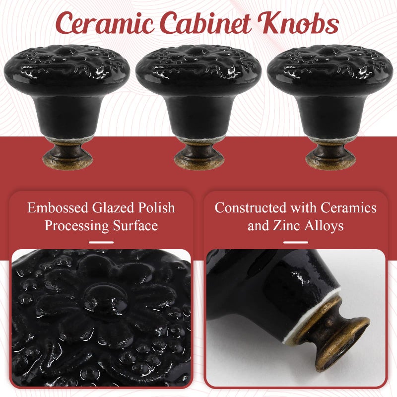Suiwotin 4pcs Black Ceramic Knobs, Vintage & Retro Dresser & Cabinet Knobs, Decorative Drawer Pulls for Closet & Cupboard - Image 3