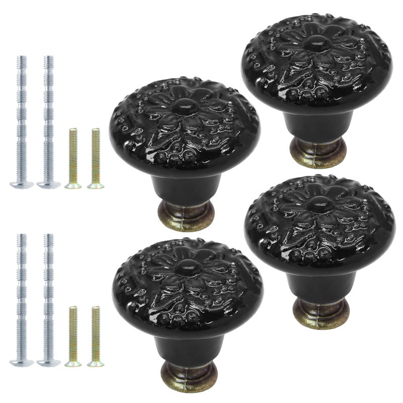 Suiwotin 4pcs Black Ceramic Knobs, Vintage & Retro Dresser & Cabinet Knobs, Decorative Drawer Pulls for Closet & Cupboard - Image 1
