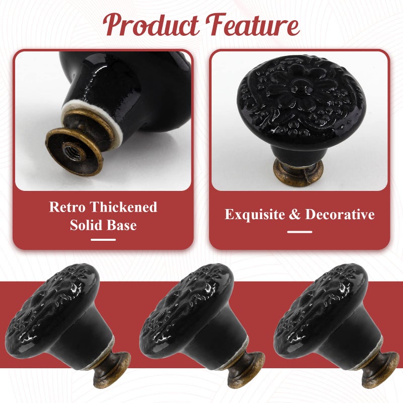 Suiwotin 4pcs Black Ceramic Knobs, Vintage & Retro Dresser & Cabinet Knobs, Decorative Drawer Pulls for Closet & Cupboard - Image 4