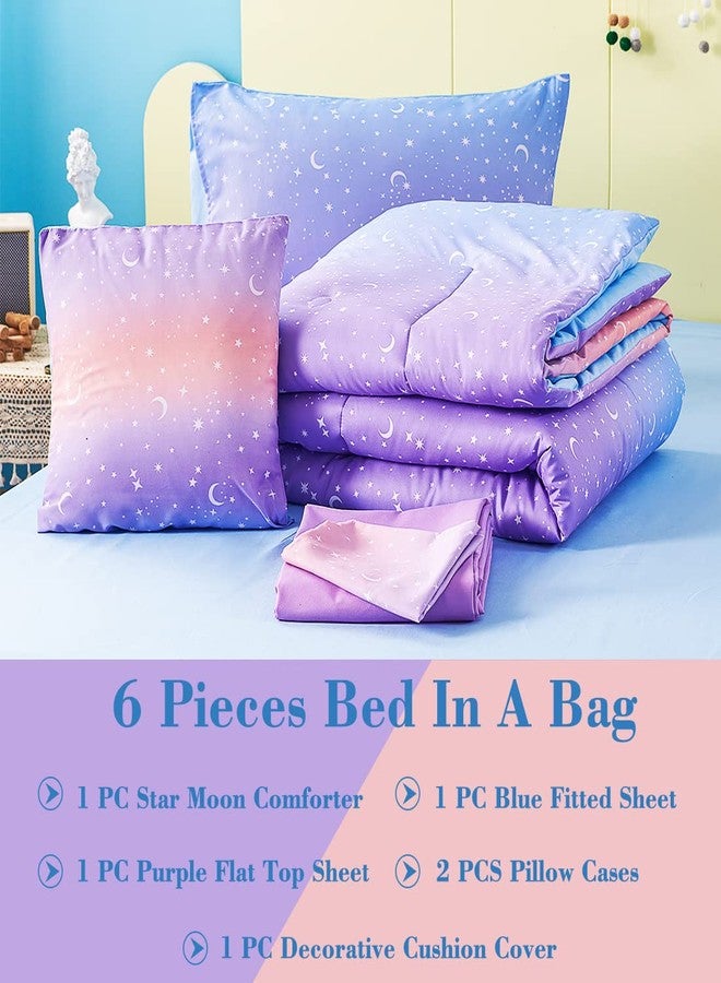 URBONUR Twin Comforter Set for Girls 6Pcs Bed in a Bag Gradient Purple Orange Blue Moon Stars Comforters Soft Lightweight Kids Bedding Set for All Season (Star, Twin Size) - Image 3