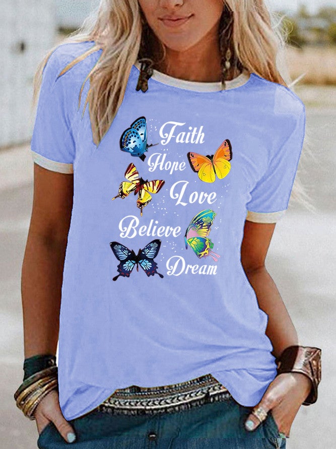 Wish Fun Butterfly Pattern Printing Contrast Color Short Sleeve T-Shirt - Image 1
