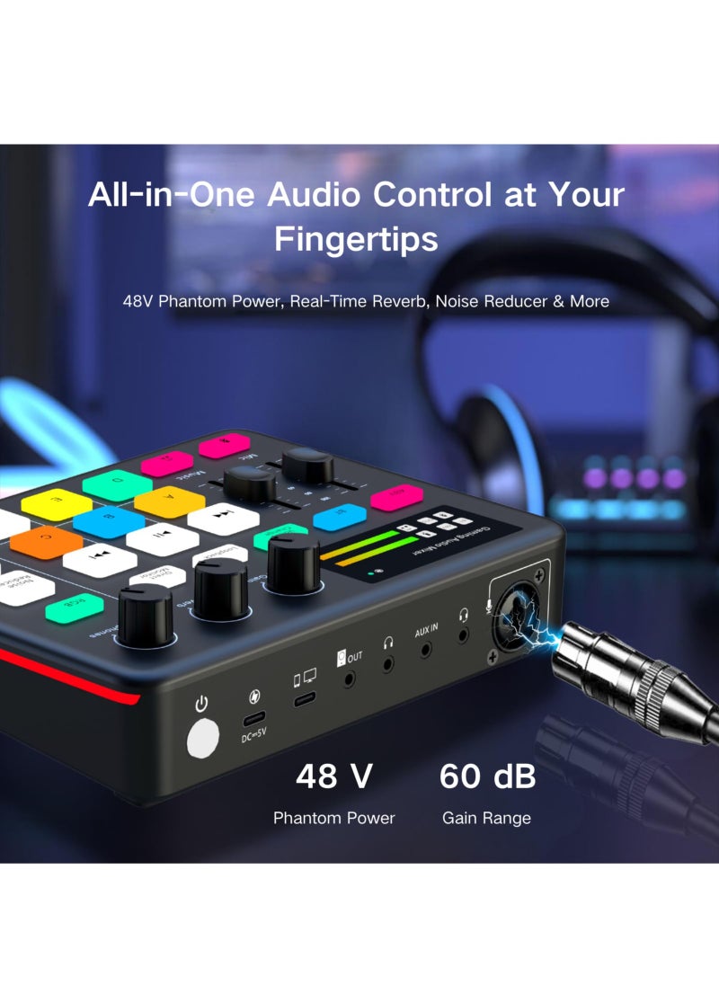XiuWoo - Gaming Audio Interface, Pro-preamp with 48V Phantom Power, Voice Changer DJ Mixer Effects, RGB Lighting for Live Streaming, Podcasting, Recording, Stream Deck Compatible, Gaming Audio Mixer - Image 1