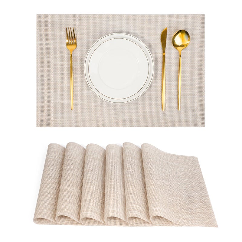 flohar Placemats Set of 6ï¼ŒNon-Slip PVC Weave Table Mats Easy to Cleanï¼ŒHeat Resistant Place Mats for Kitchen Dining Table Decoration Indoor Outdoorï¼ŒBeige White - Image 1