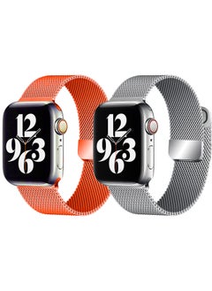 YOMNA [set of 2] YOMNA Magnetic Metal Milanese Loop Band Compatible with Apple Watch Band 42mm 44mm 45mm 49mm, Mesh Strap Replacement for iWatch Series Ultra SE 8 7 6 5 4 3 2 1 (Orange/Silver) 