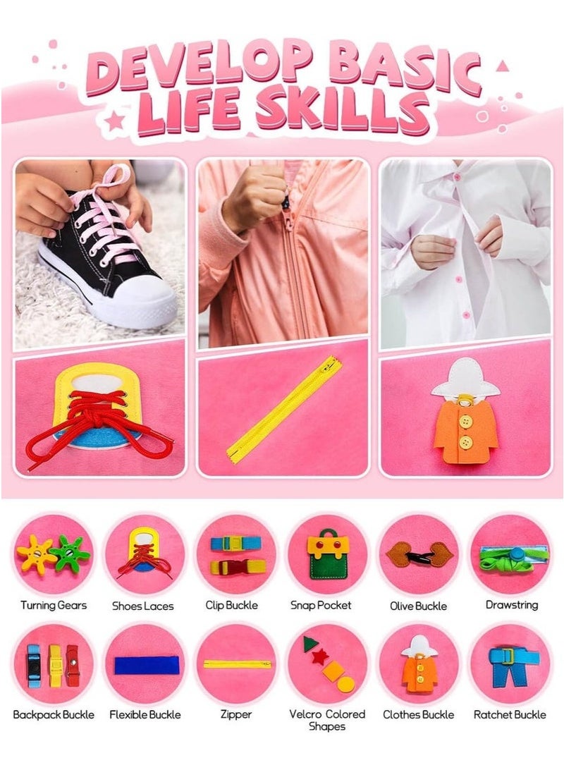 جيفت كتب مونتيسوري اللوحية، لوحة أنشطة حسية تعليمية مبكرة، كتاب هادئ محمول متعدد الوظائف، لعبة محمولة للسفر، تُعلّم أطفال ما قبل المدرسة مهارات الحياة والمهارات الحركية الدقيقة، لعبة لوحية مصنوعة من مادة اللباد، تصميم حورية البحر الوردية. - Image 3