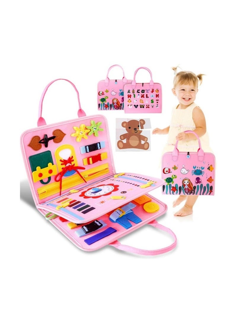 جيفت كتب مونتيسوري اللوحية، لوحة أنشطة حسية تعليمية مبكرة، كتاب هادئ محمول متعدد الوظائف، لعبة محمولة للسفر، تُعلّم أطفال ما قبل المدرسة مهارات الحياة والمهارات الحركية الدقيقة، لعبة لوحية مصنوعة من مادة اللباد، تصميم حورية البحر الوردية. - Image 1