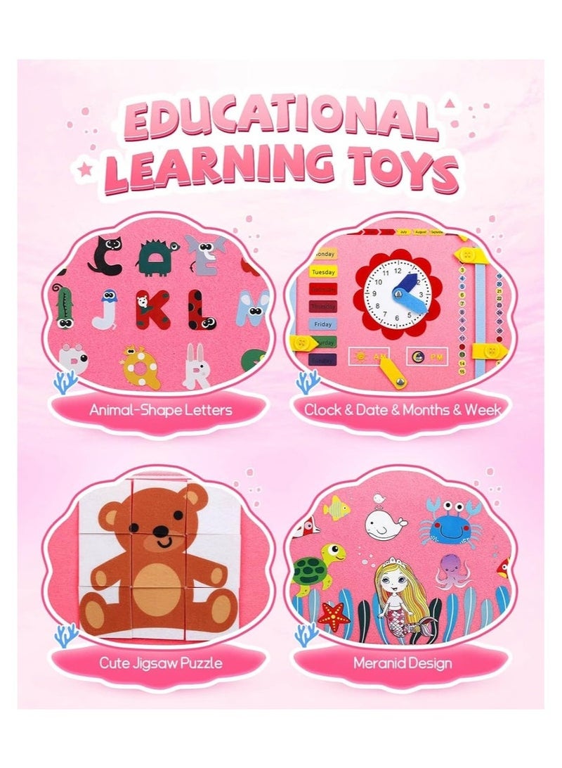 جيفت كتب مونتيسوري اللوحية، لوحة أنشطة حسية تعليمية مبكرة، كتاب هادئ محمول متعدد الوظائف، لعبة محمولة للسفر، تُعلّم أطفال ما قبل المدرسة مهارات الحياة والمهارات الحركية الدقيقة، لعبة لوحية مصنوعة من مادة اللباد، تصميم حورية البحر الوردية. - Image 2