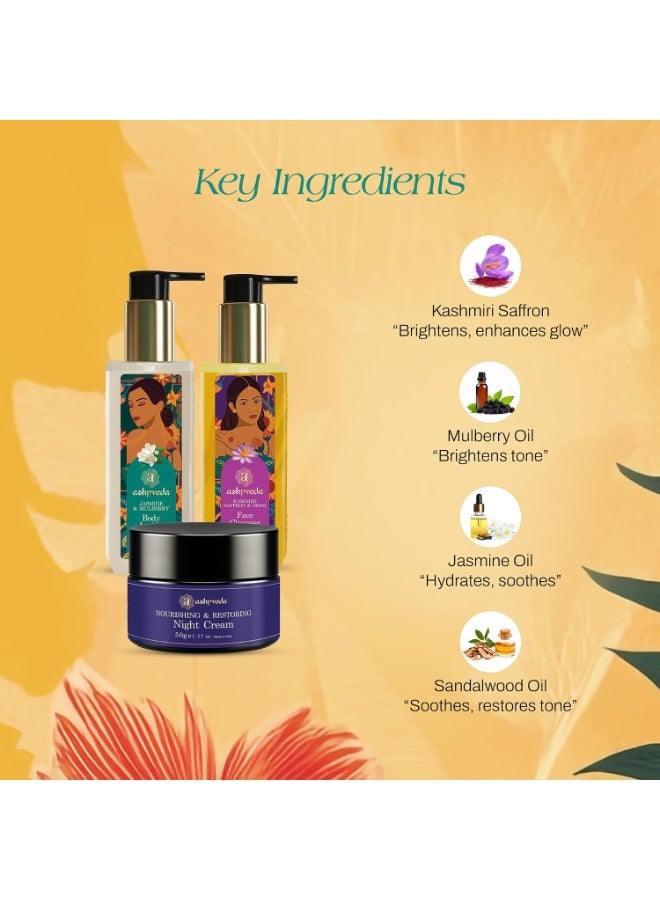 Ashpveda Nourishing Night Gift Box | Ayurvedic Skincare Combo – Jasmine & Mulberry Body Lotion100ml, Kashmiri Saffron & Neem Face Wash 100ml& Night Cream 50g| Natural & Paraben-Free - Image 3