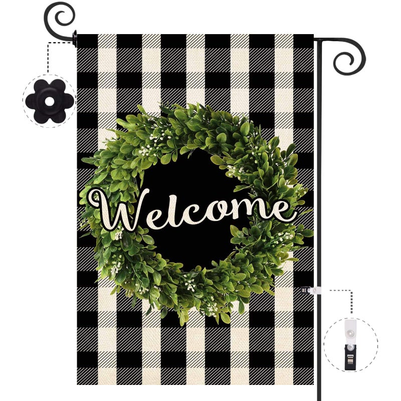 Baccessor Boxwood Wreath Welcome Garden Flag Double Sided, Buffalo Plaid Check Spring Yard Flag Burlap, Small Farmhouse Rustic Flags for Outdoor Outside Decor 12.5 X 18 Inch - Image 1