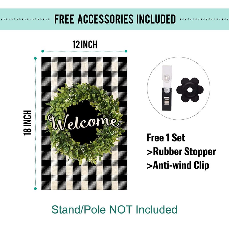 Baccessor Boxwood Wreath Welcome Garden Flag Double Sided, Buffalo Plaid Check Spring Yard Flag Burlap, Small Farmhouse Rustic Flags for Outdoor Outside Decor 12.5 X 18 Inch - Image 4