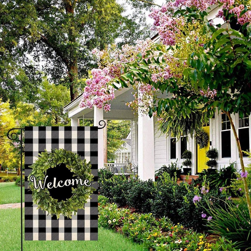 Baccessor Boxwood Wreath Welcome Garden Flag Double Sided, Buffalo Plaid Check Spring Yard Flag Burlap, Small Farmhouse Rustic Flags for Outdoor Outside Decor 12.5 X 18 Inch - Image 2