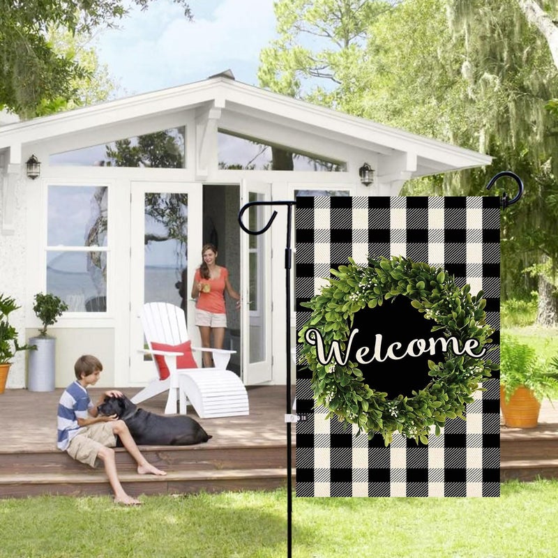 Baccessor Boxwood Wreath Welcome Garden Flag Double Sided, Buffalo Plaid Check Spring Yard Flag Burlap, Small Farmhouse Rustic Flags for Outdoor Outside Decor 12.5 X 18 Inch - Image 3
