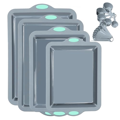 To encounter Silicone Baking Pans Set 4 Pieces Nonstick Bakeware Set with Baking Pans Baking Sheets Cookie Sheets Cake Pan with Metal Reinforced Frame More Strength Light Grey