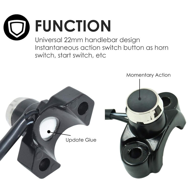 Feiteplus Aluminum 7/8" Motorcycle Handlebar Control Horn Start Switch Button Momentary Action with Two Bullet Connectors Black Button - Image 5