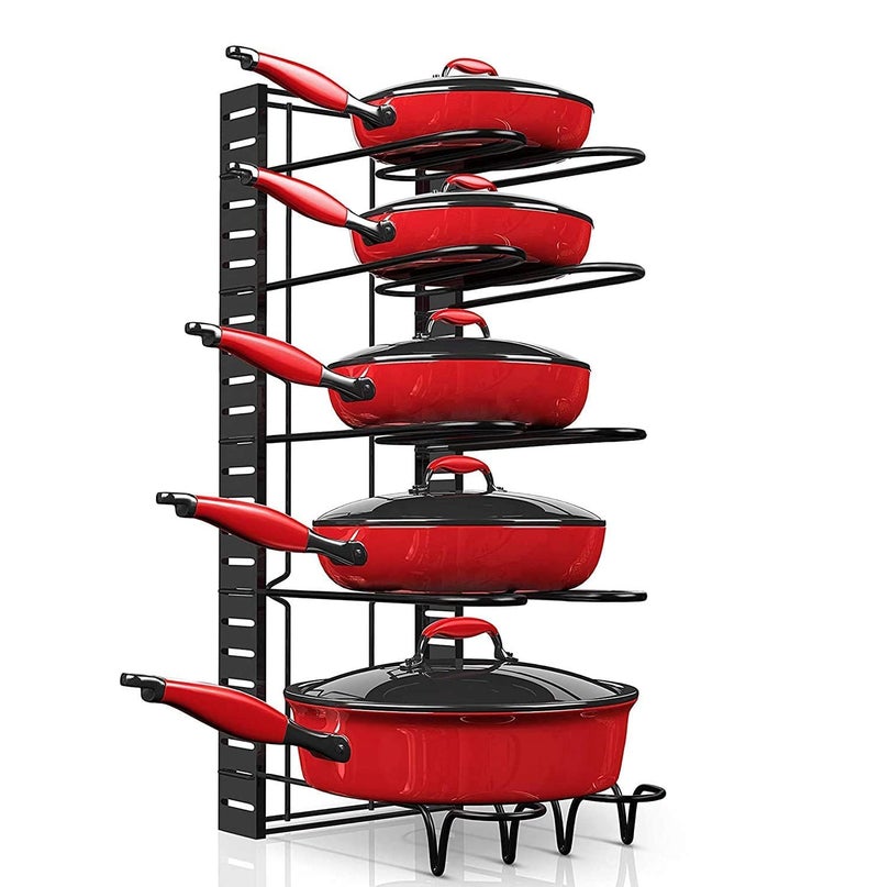 Breewell Adjustable Multipurpose Pan and Pot Tawa Bartan Rack Holder Stand Plate Dish Lid Tray Utensils Cookware Cupboard Cabinet Storage Shelf Shelves Organizer Organizer For Kitchen Black - Image 1