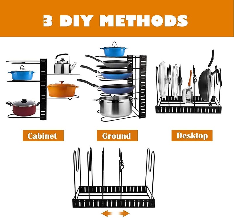Breewell Adjustable Multipurpose Pan and Pot Tawa Bartan Rack Holder Stand Plate Dish Lid Tray Utensils Cookware Cupboard Cabinet Storage Shelf Shelves Organizer Organizer For Kitchen Black - Image 5