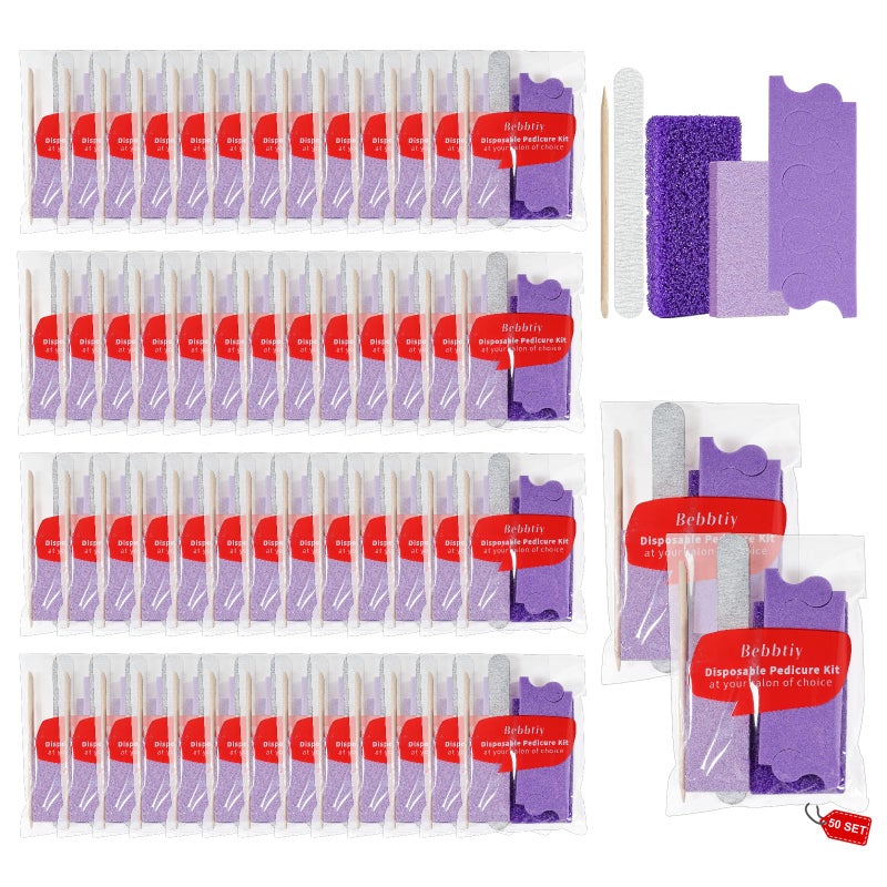 Bebbtiy Disposable Pedicure Kit Sets, 5 in 1 Nail Salon Manicure Pedicure Kit Professional, Nail File, Pumice Pad, Mini Buffer, Toe Separator, Wood Stick, Individually Package (50, Count, 80/100 Grit) - Image 1