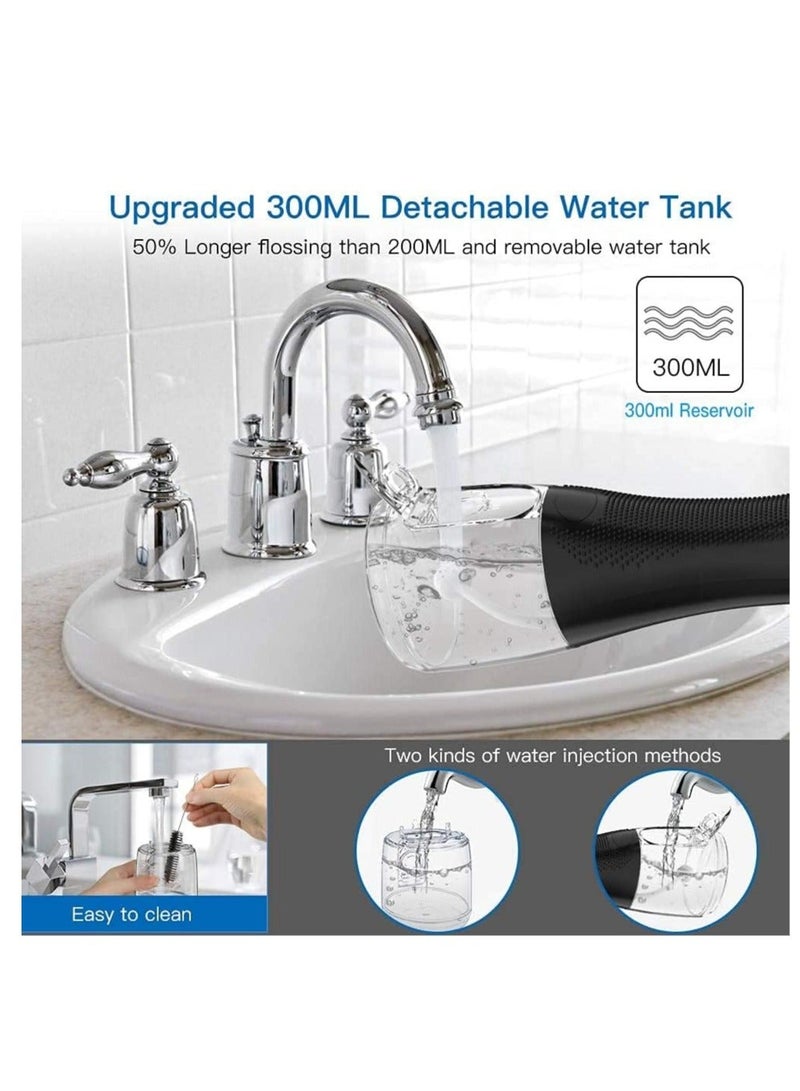 H20 جهاز تنظيف الأسنان بالماء بدون سلك، جهاز ري الفم المحمول القابل لإعادة الشحن مع 5 أوضاع و 6 رؤوس، تنظيف الأسنان بالماء بسعة 300 مل لخدمة المنزل والسفر، للعناية بالتقويم والجسور (أسود) - Image 5