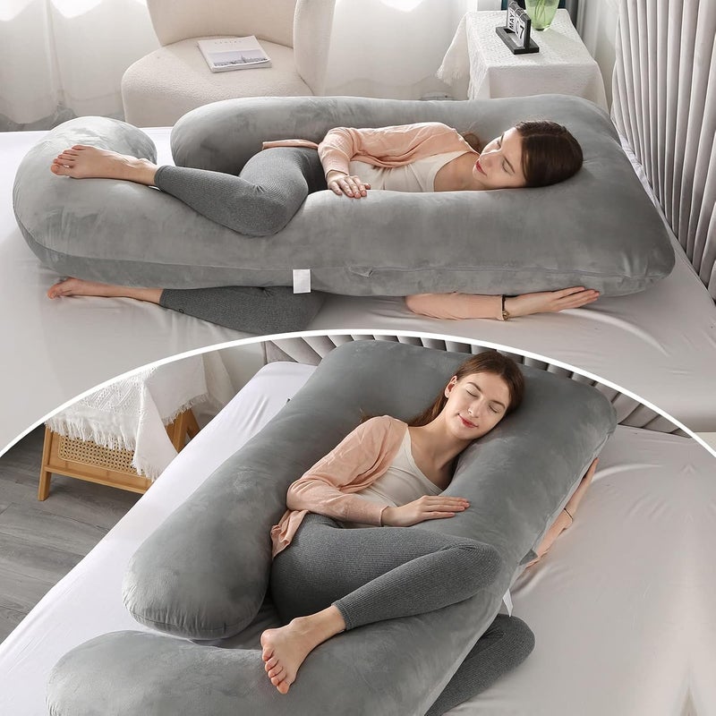 Elover Pregnancy Must Haves Pregnancy Pillow U-Shaped Full Body Maternity Support Pillow for Pregnant Women with Replaceable and Washable Velvet Cover Size 57" (Haze Grey, Velvet) - Image 2