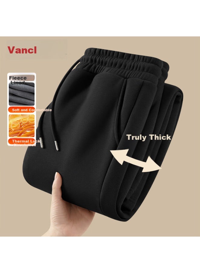 Vancl Men's Fleece-lined Pants Winter Loose Warm Casual Straight-leg Sports Pants Black 2XL