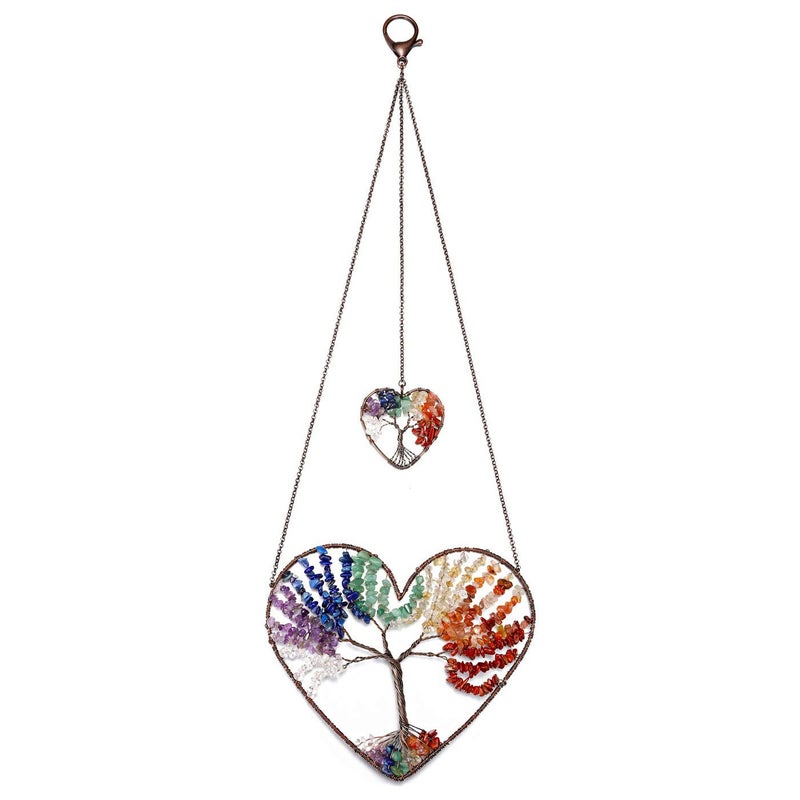 PESOENTH Tree of Life Chakra Crystals and Healing Stones Heart Hanging Decor Gifts for Women7 Chakra Gemstones Crystals Tree of Life Dream Catcher for Bedroom Wall Window Hanging Ornament