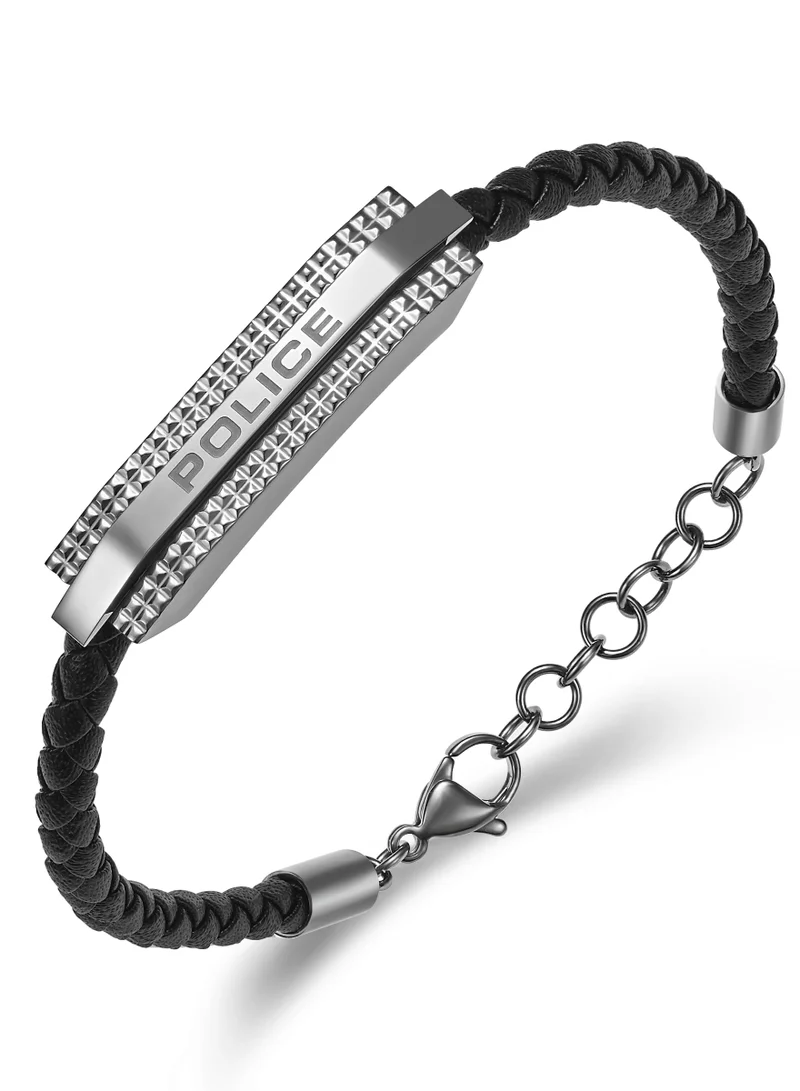 POLICE Gripcord Silver Stainless Steel and Black Leather Bracelet for Men