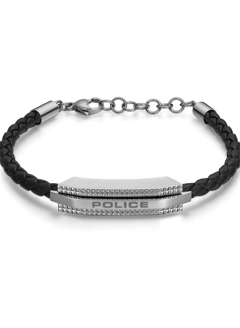 POLICE Gripcord Silver Stainless Steel and Black Leather Bracelet for Men