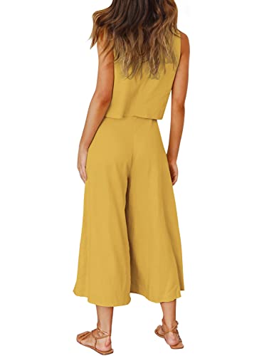 ROYLAMP Women's Summer 2 Piece Outfits Round Neck Crop Basic Top Cropped Wide Leg Pants Set Jumpsuits Ginger Yellow S - Image 4