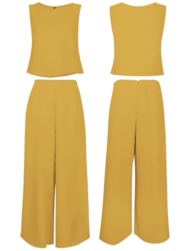 ROYLAMP Women's Summer 2 Piece Outfits Round Neck Crop Basic Top Cropped Wide Leg Pants Set Jumpsuits Ginger Yellow S - Image 5