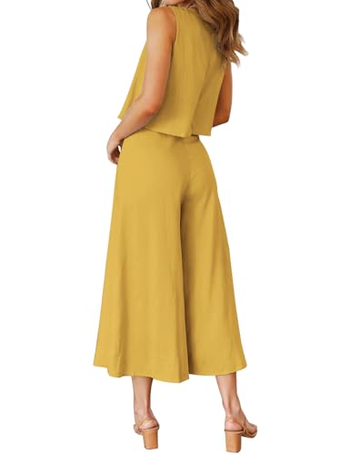 ROYLAMP Women's Summer 2 Piece Outfits Round Neck Crop Basic Top Cropped Wide Leg Pants Set Jumpsuits Ginger Yellow S - Image 3