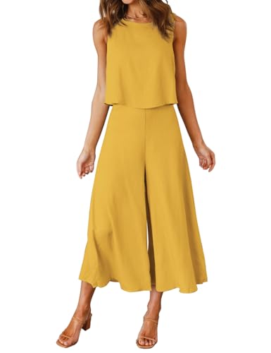ROYLAMP Women's Summer 2 Piece Outfits Round Neck Crop Basic Top Cropped Wide Leg Pants Set Jumpsuits Ginger Yellow S - Image 1