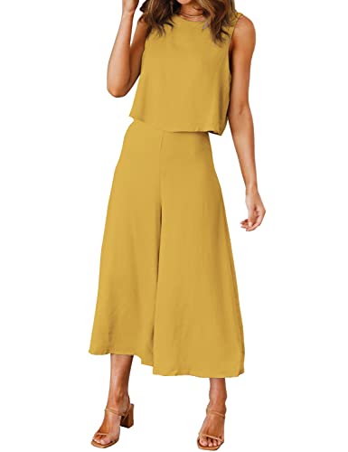 ROYLAMP Women's Summer 2 Piece Outfits Round Neck Crop Basic Top Cropped Wide Leg Pants Set Jumpsuits Ginger Yellow S - Image 2