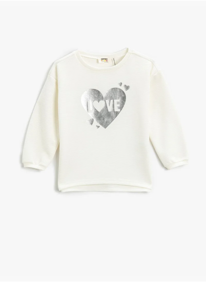 KOTON Ribbed Sweatshirt Gleamy Heart Printed Crew Neck