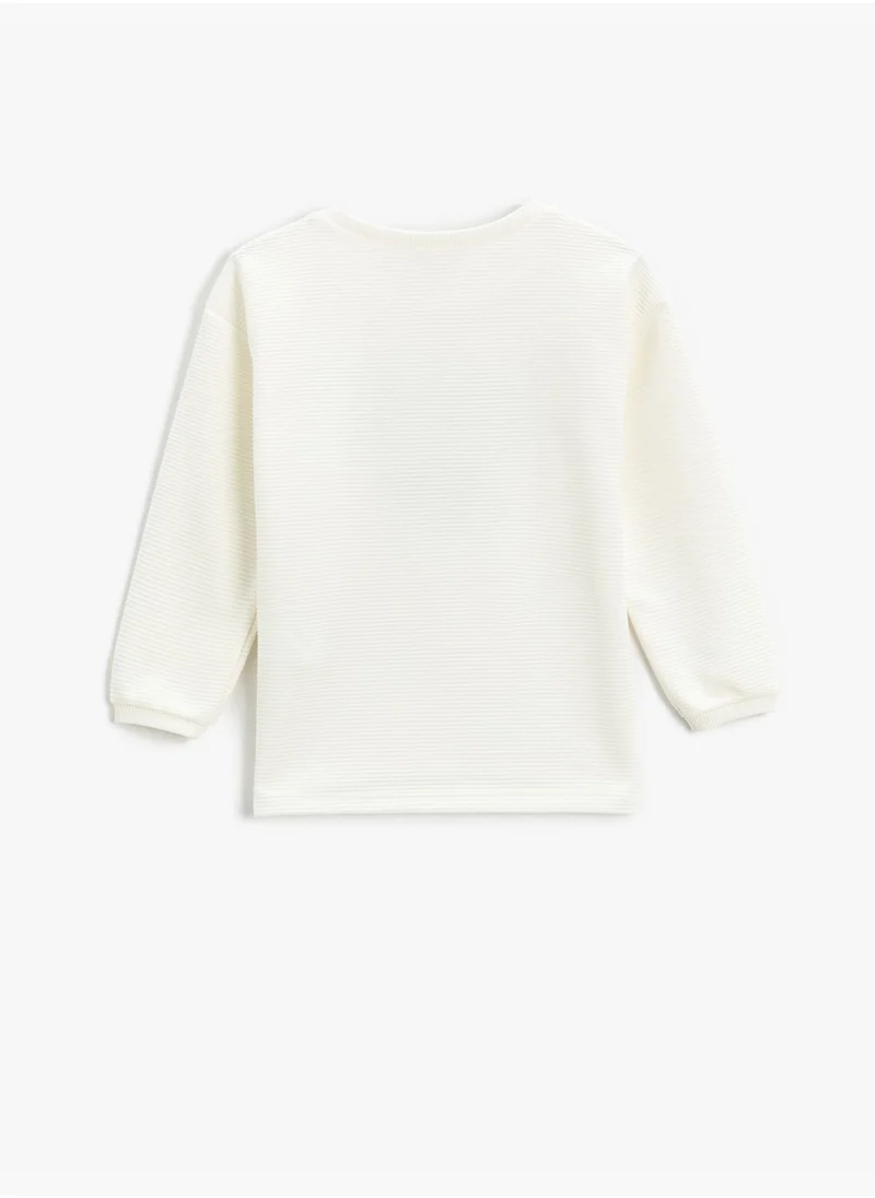 KOTON Ribbed Sweatshirt Gleamy Heart Printed Crew Neck